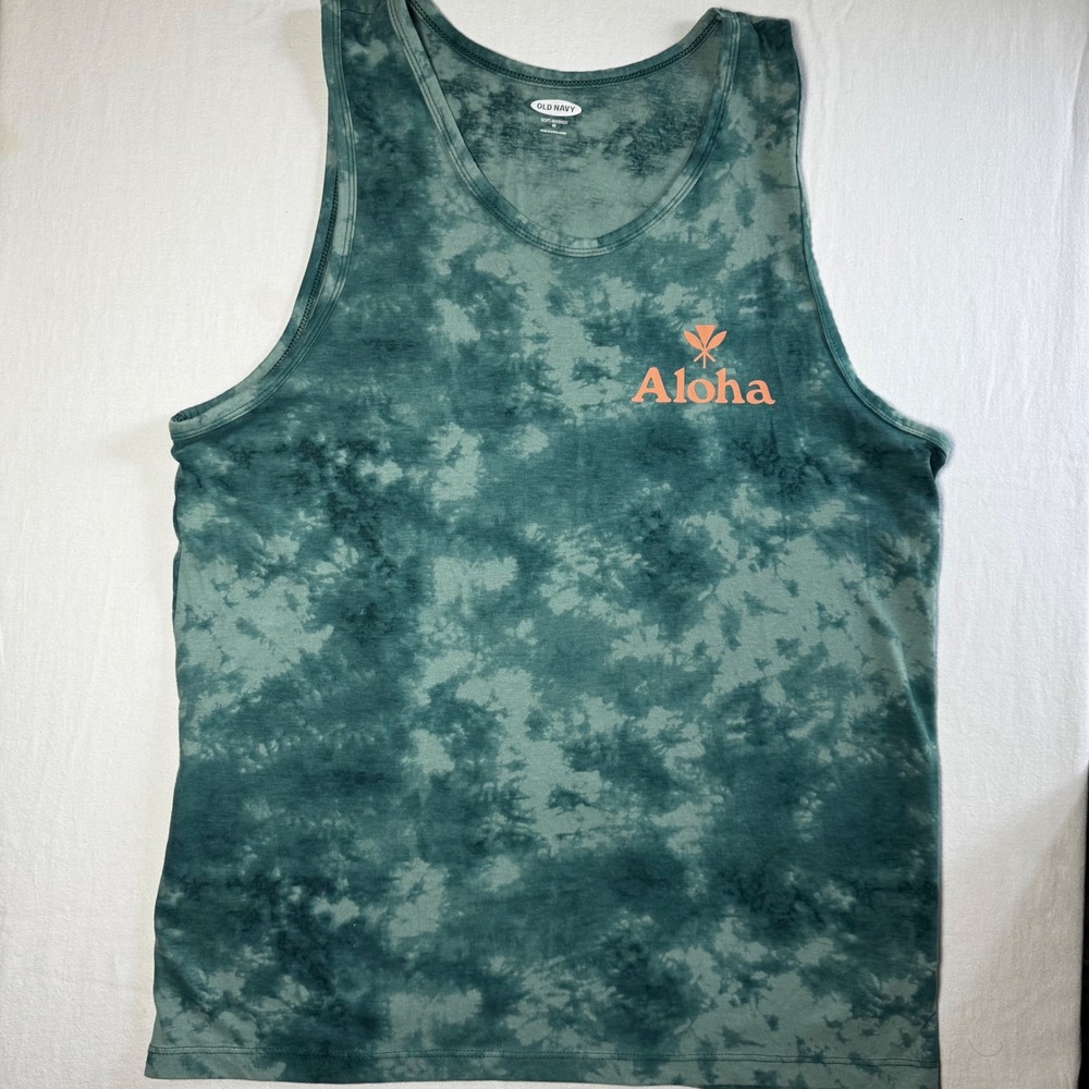 Old Navy Mens Aloha Hawaii Tie Dye Tank Top Green Orange Soft Washed Medium